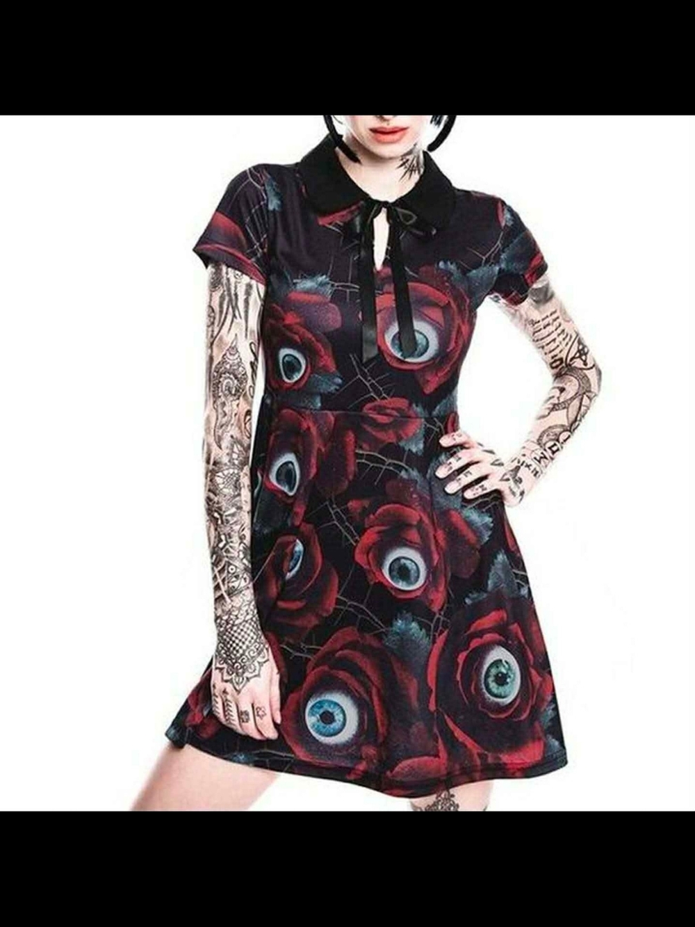 Killstar Gothic Collar Dress with Red Rose & Eyeball Print